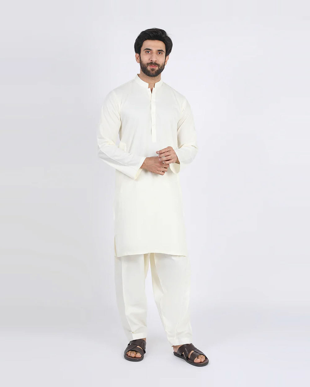 Men's Slim Fit Kurta Shalwar Suit - Cream, Men's Shalwar Kameez, Chase Value, Chase Value