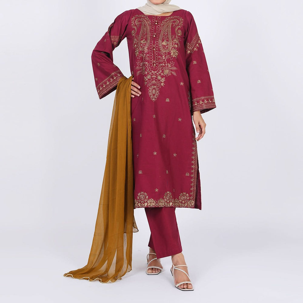 Women's Embroidered 3 Pcs Suit - Maroon, Women Shalwar Suits, Chase Value, Chase Value