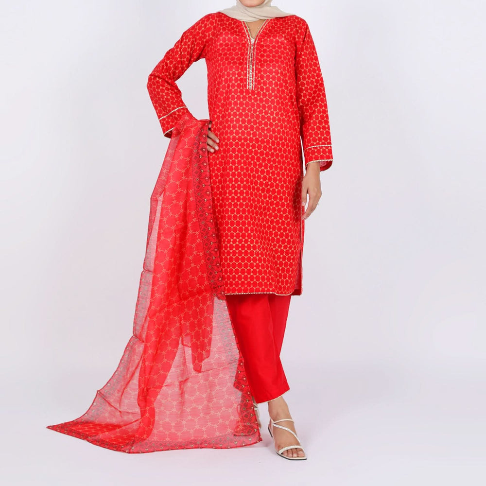 Women’s Stitched 3-Piece Cotton Suit – Red, Women Shalwar Suits, Chase Value, Chase Value