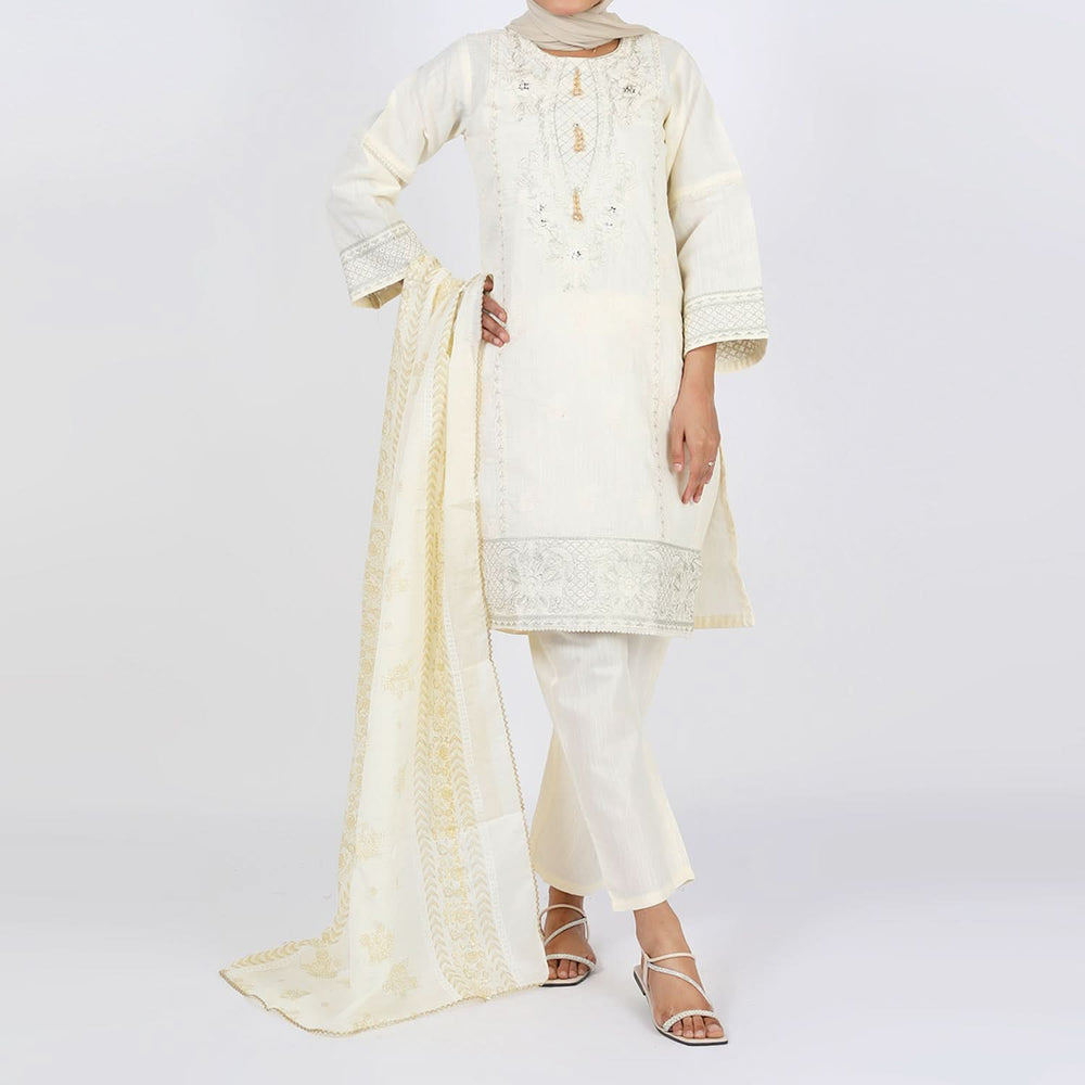 Women's Embroidered Jacquard 3Pcs Suit - Cream, Women Shalwar Suits, Chase Value, Chase Value