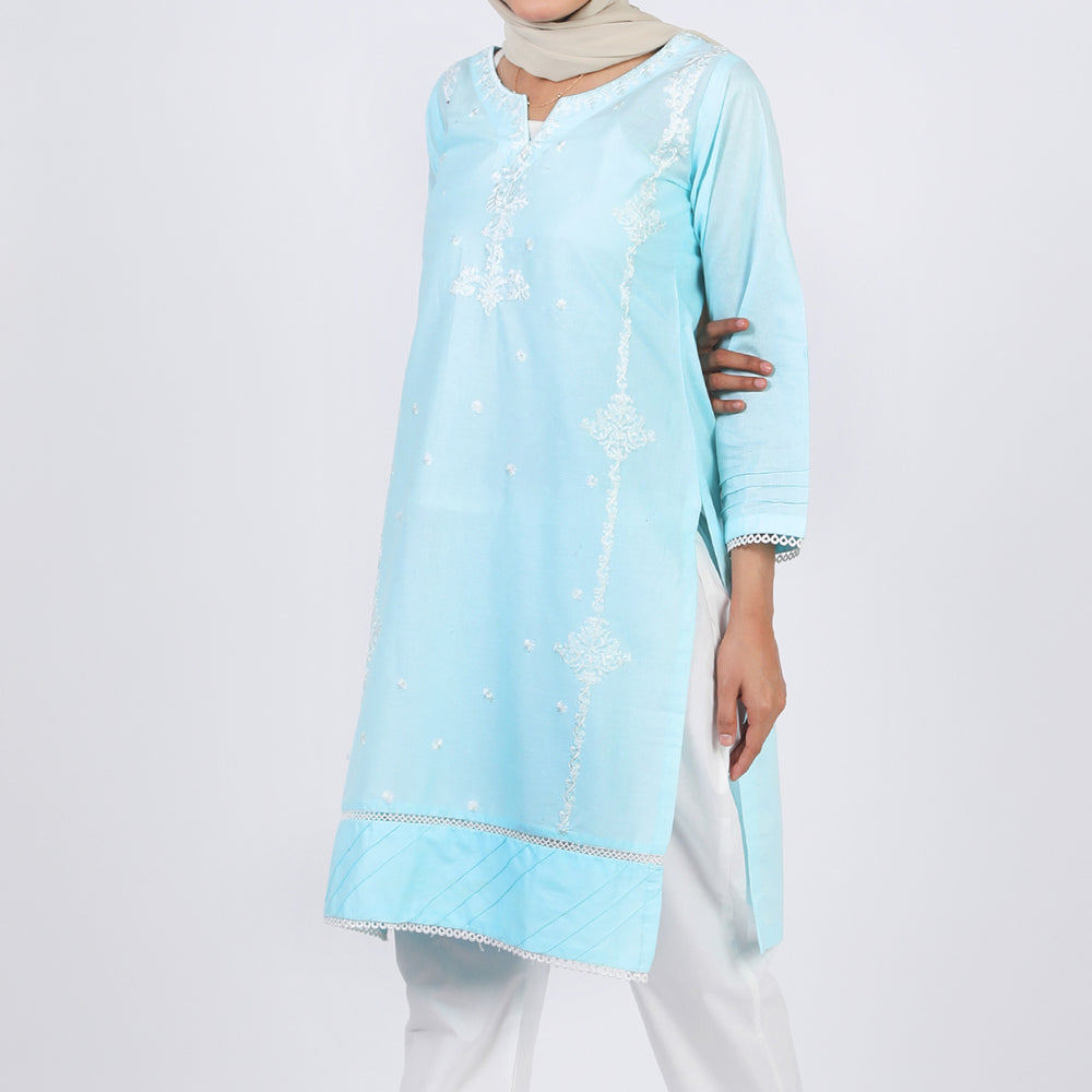 Women's Embroidered Kurti - Sky Blue, Women Ready Kurtis, Chase Value, Chase Value