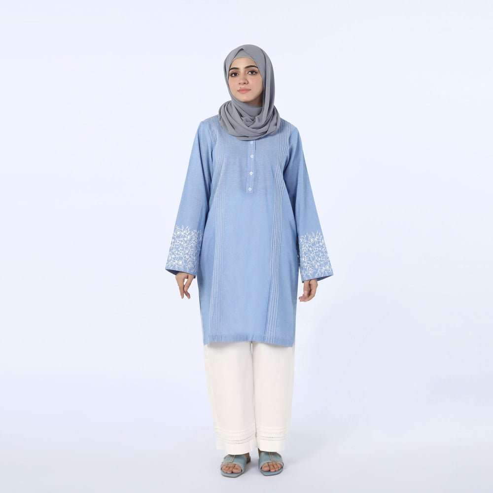 Women's Embroidered Kurti - Sky Blue, Women Ready Kurtis, Chase Value, Chase Value