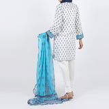 Women’s Stitched 3-Piece Cotton Suit – White & Blue, Women Shalwar Suits, Eminent, Chase Value