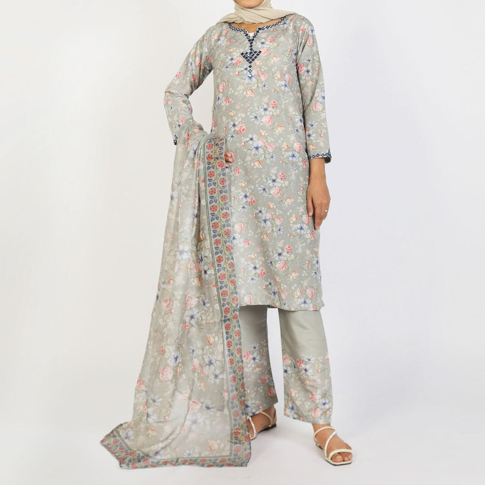 Women's Lawn Printed Embroidered 3Pcs Suit - Light Green, Women Shalwar Suits, Chase Value, Chase Value