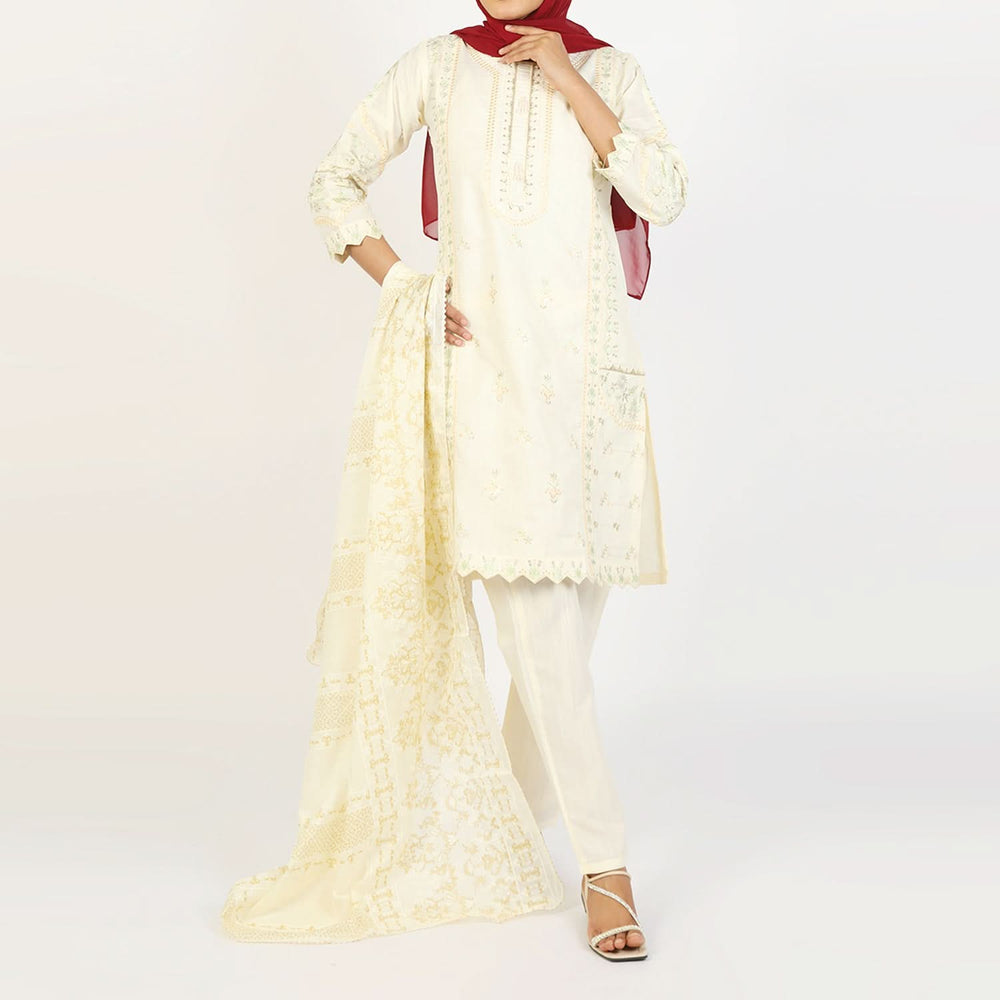 Women's Embroidered Jacquard 3Pcs Suit - Off White, Women Shalwar Suits, Chase Value, Chase Value