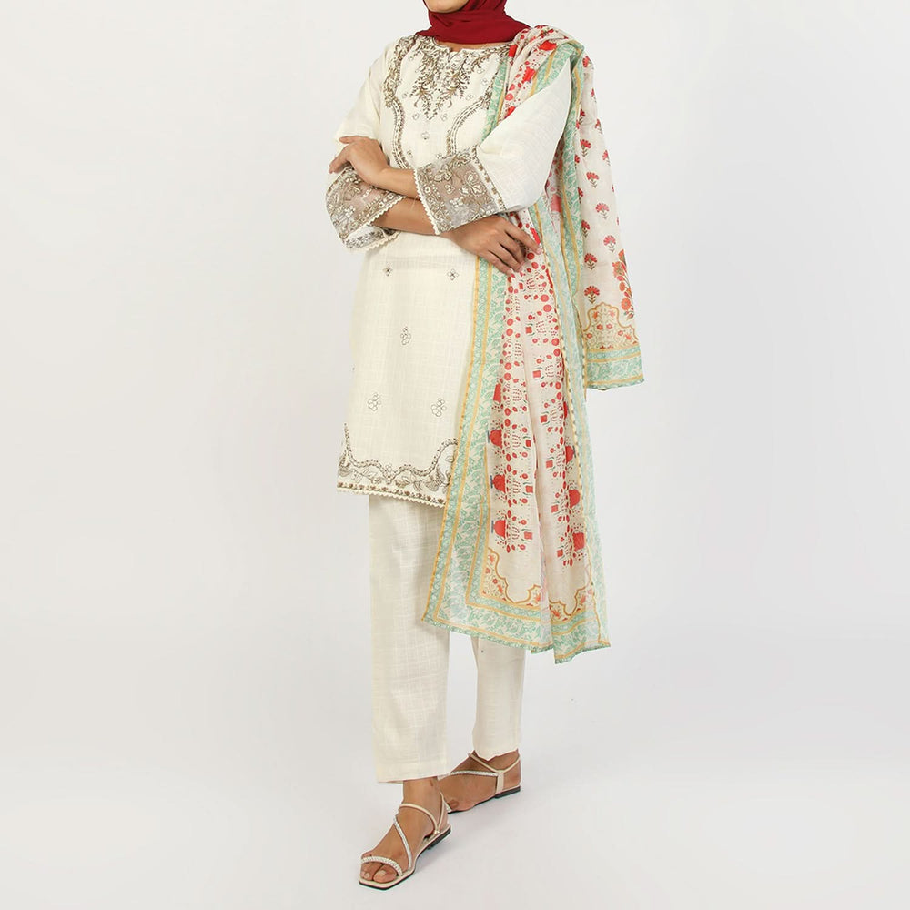 Women’s Stitched 3-Piece Cotton Suit – Off-White, Women Shalwar Suits, Chase Value, Chase Value