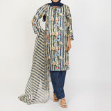 Women's Lawn Printed Embroidered 3Pcs Suit - Navy Blue, Women Shalwar Suits, Chase Value, Chase Value