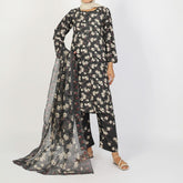 Women's Lawn Printed Embroidered 3Pcs Suit - Black, Women Shalwar Suits, Chase Value, Chase Value