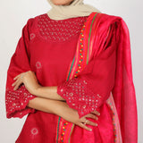 Women’s Stitched 3-Piece Cotton Suit – Deep Red, Women Shalwar Suits, Chase Value, Chase Value