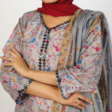 Women's Lawn Printed Embroidered 3Pcs Suit - Grey, Women Shalwar Suits, Chase Value, Chase Value