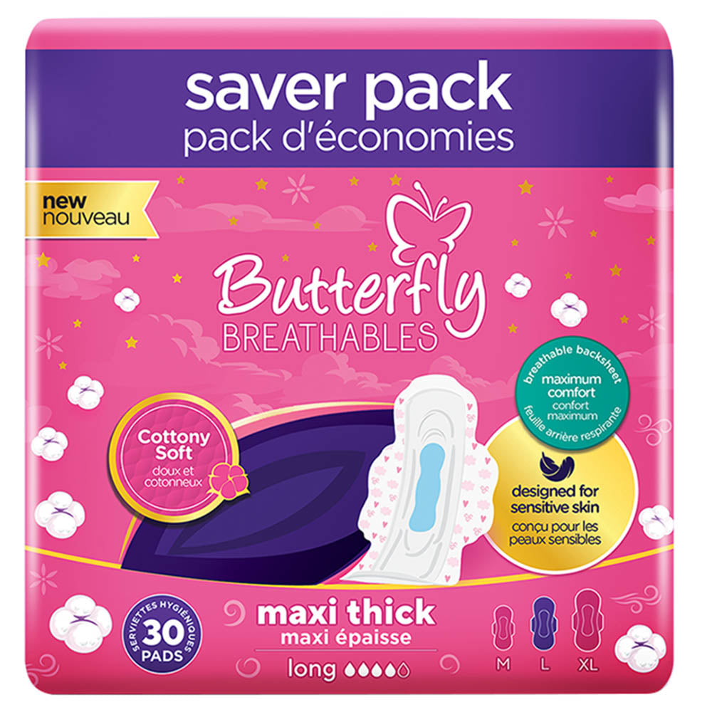 Butterfly Breathable Sanitary Pads Maxi Thick Large Trio Pack 30's, Sanitory Napkins, Butterfly, Chase Value