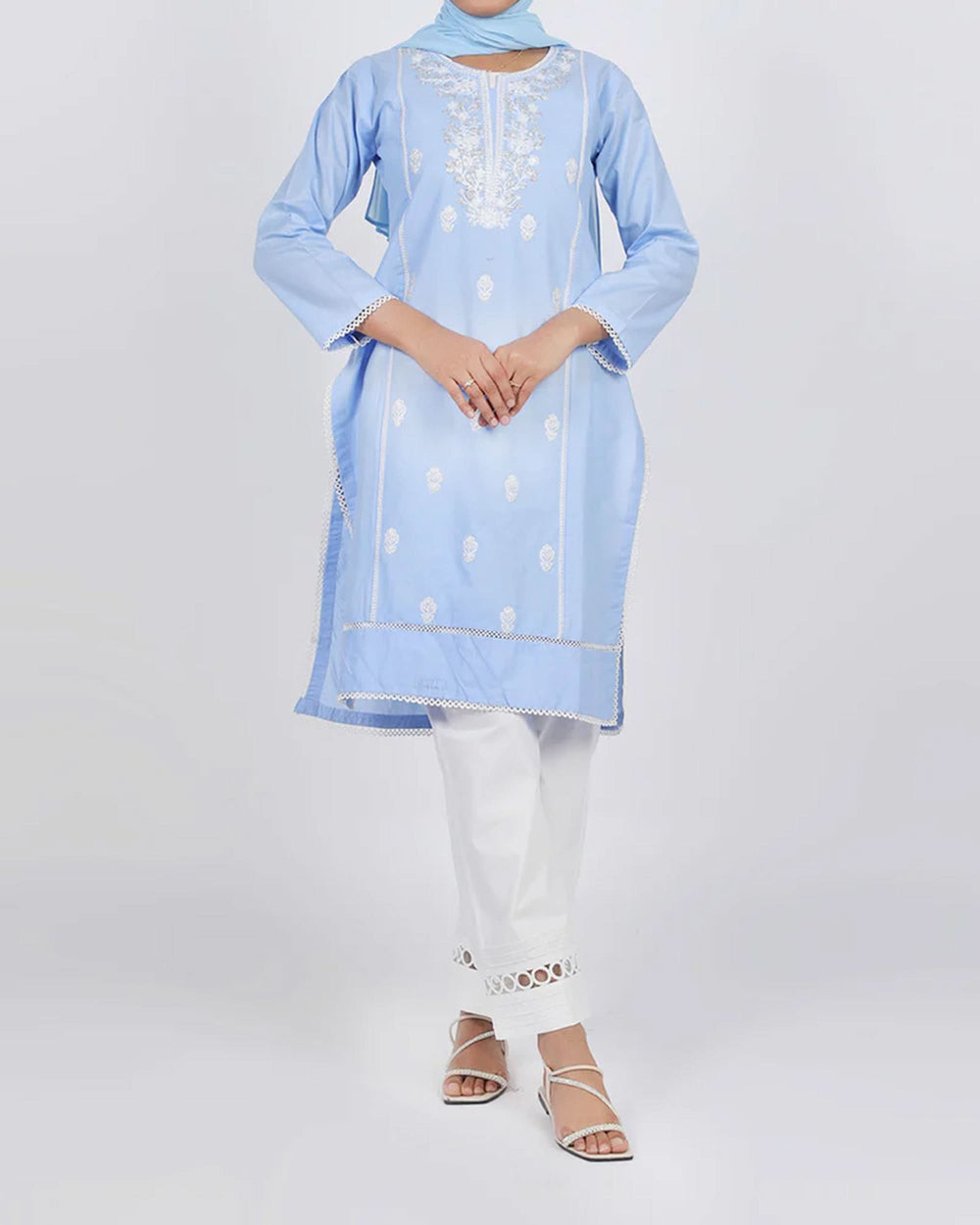 Women's Embroidered Kurti - Sky Blue, Women Ready Kurtis, Chase Value, Chase Value