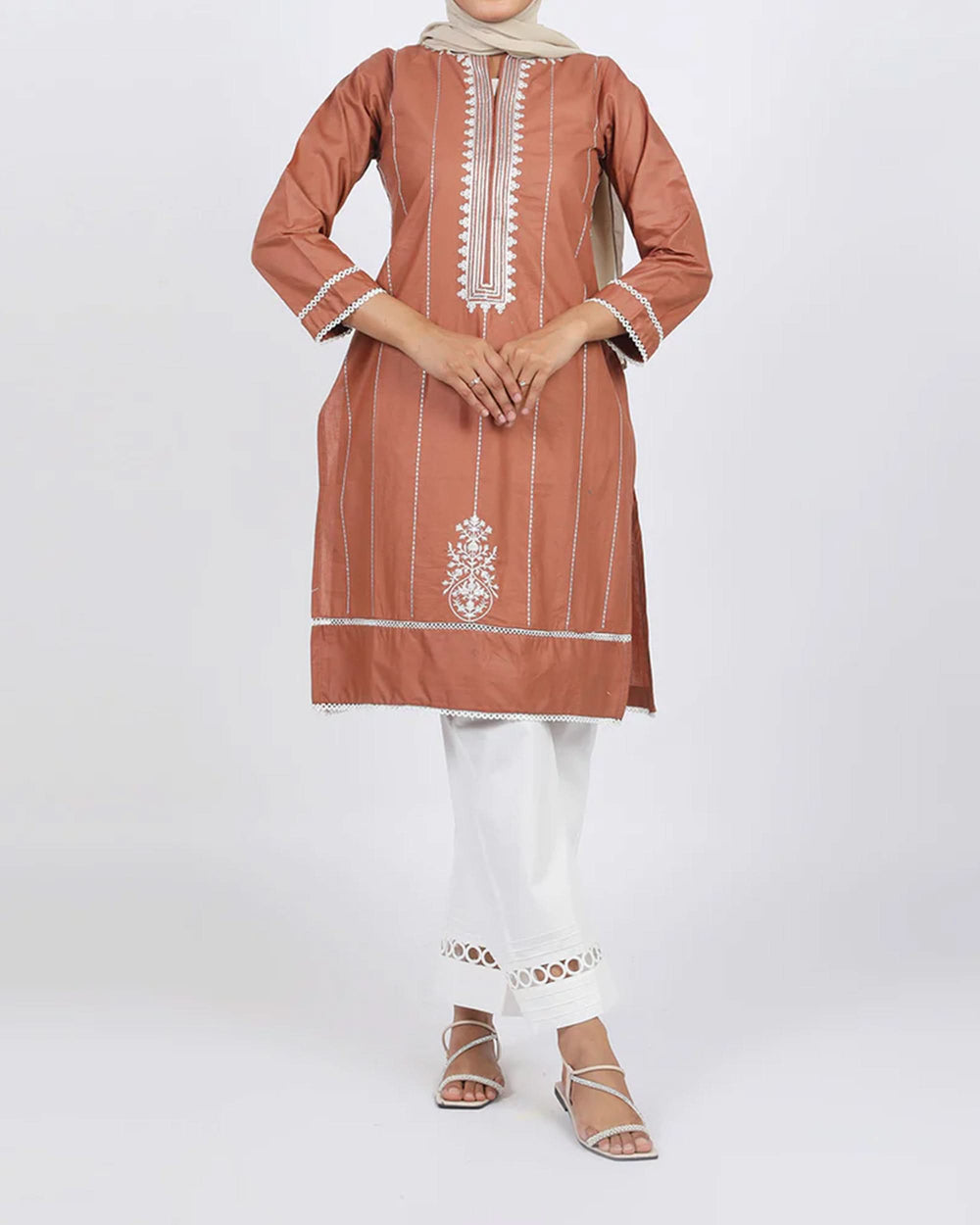 Women's Embroidered Kurti - Coffee, Women Ready Kurtis, Chase Value, Chase Value