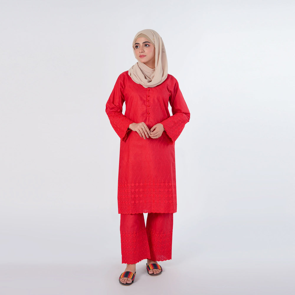 Women's Embroidered 2pcs Stitched Suit - Red, Women Shalwar Suits, Chase Value, Chase Value