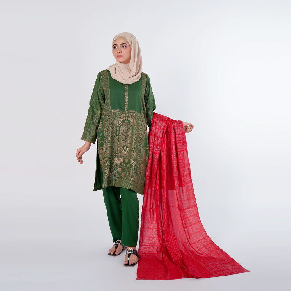 Women's 03pcs Stitched Suit - Green, Women Shalwar Suits, Chase Value, Chase Value