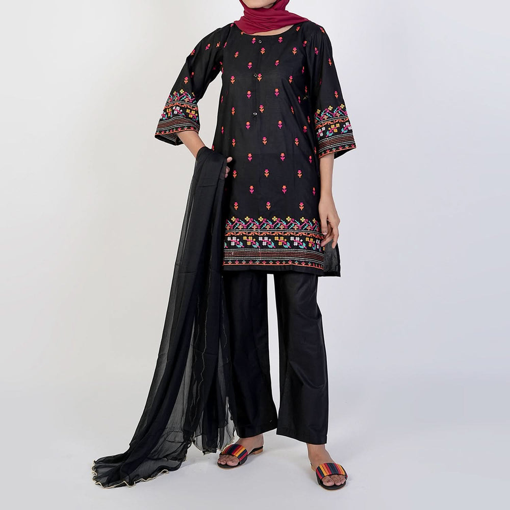 Women's Cotton Embroidered 3Pcs Suit -Black, Women Shalwar Suits, Chase Value, Chase Value