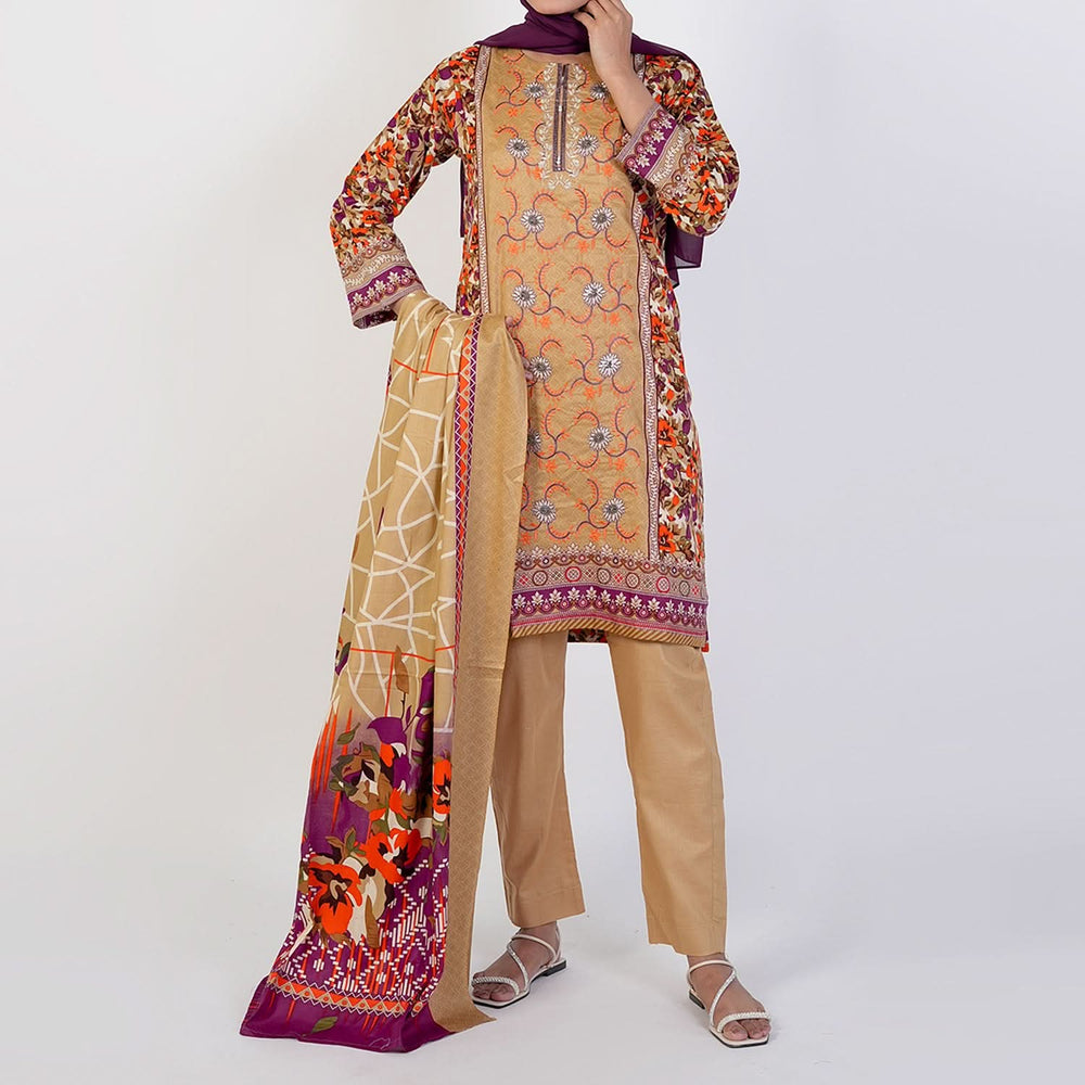 Women's Printed 3 Pcs Suit - Brown, Women Shalwar Suits, Chase Value, Chase Value