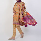 Women's Printed 3 Pcs Suit - Brown, Women Shalwar Suits, Chase Value, Chase Value