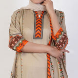 Women's Printed Stitched 3 PCS Suit - Light Brown, Women Shalwar Suits, Chase Value, Chase Value