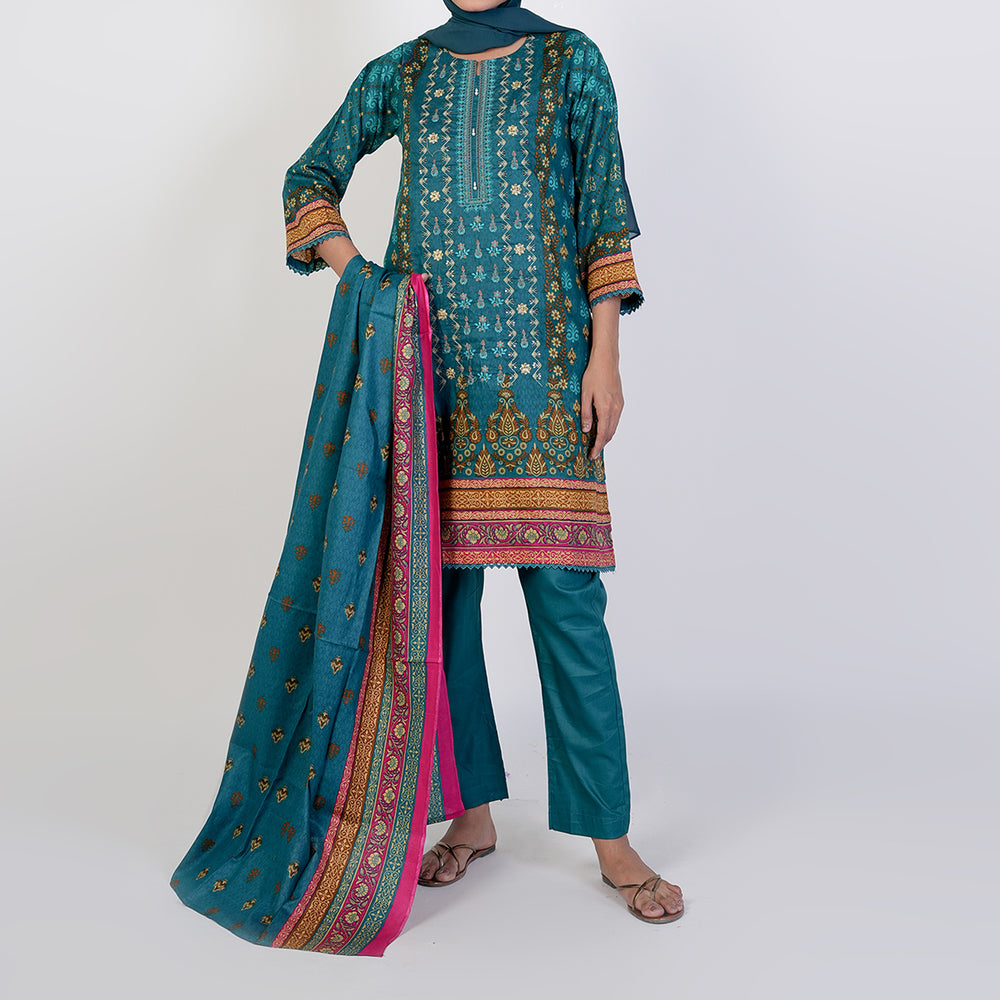 Women's Printed 3 Pcs Suit - Steel Green, Women Shalwar Suits, Chase Value, Chase Value