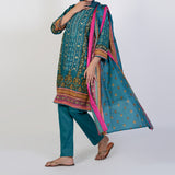 Women's Printed 3 Pcs Suit - Steel Green, Women Shalwar Suits, Chase Value, Chase Value