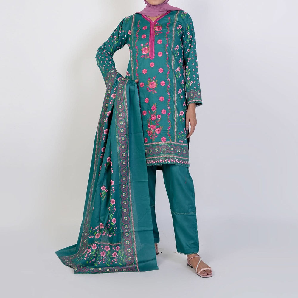 Women’s Stitched 3-Piece Cotton Suit – Dark Green, Women Shalwar Suits, Chase Value, Chase Value