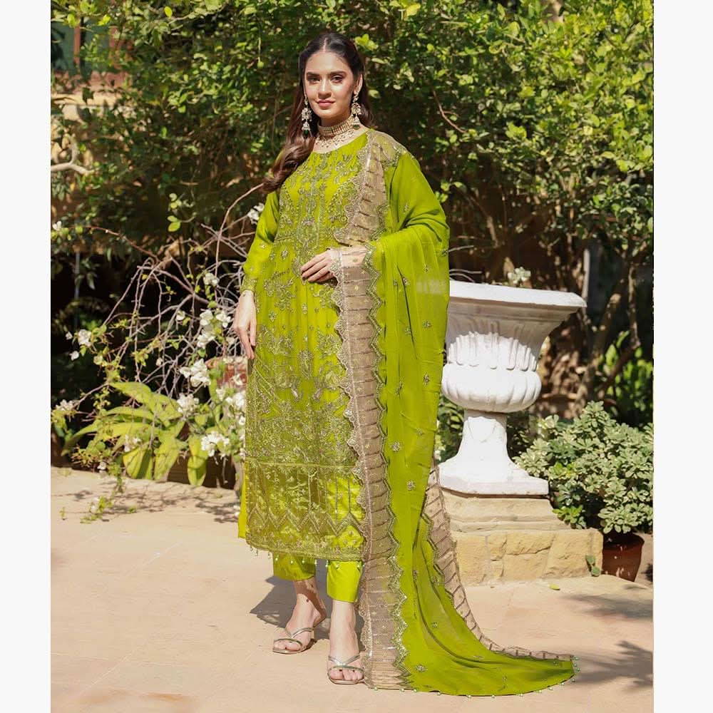 Schick Basant Heavy Chiffon Semi Stitched Embroidered 3Pcs Suit, Women, 3Pcs Shalwar Suit, MI Creation, Chase Value