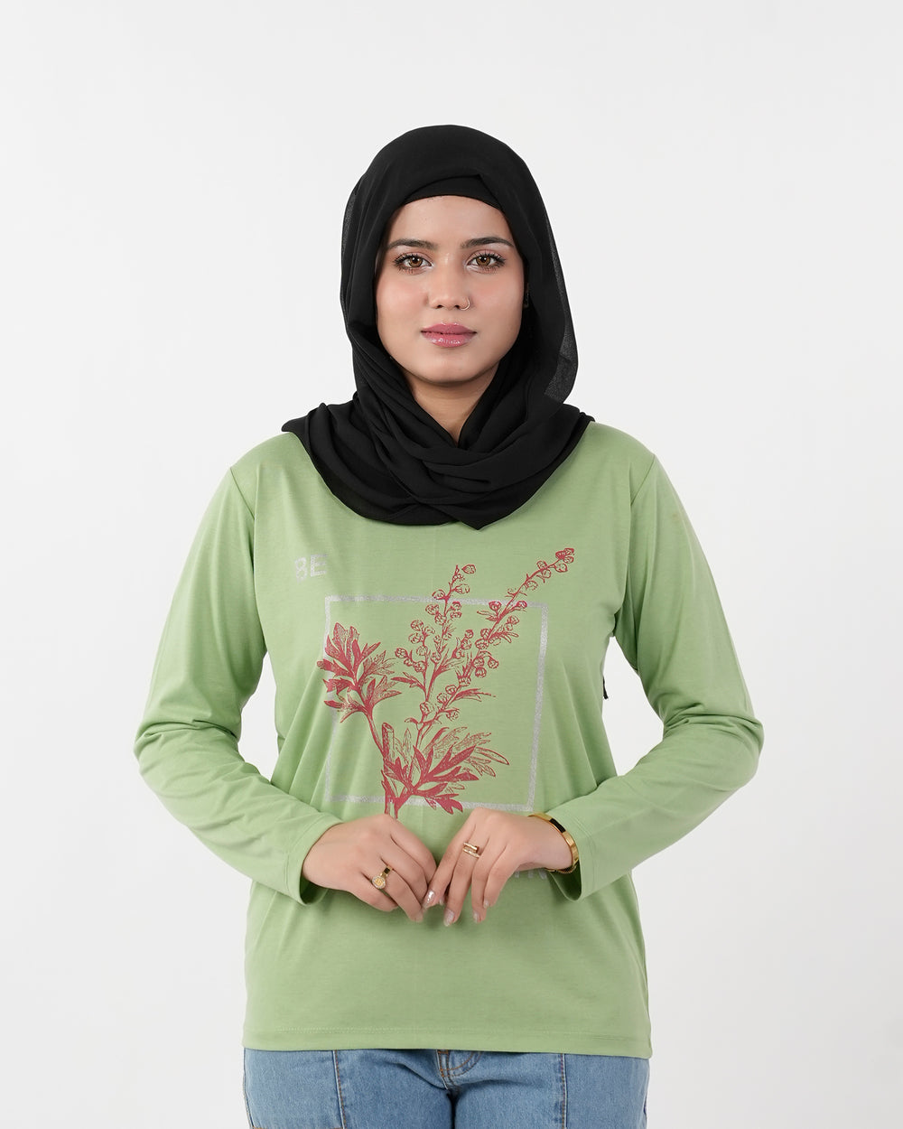 Women's Full Sleeves Printed T-Shirt - Light Green, Women T-Shirts & Tops, Chase Value, Chase Value
