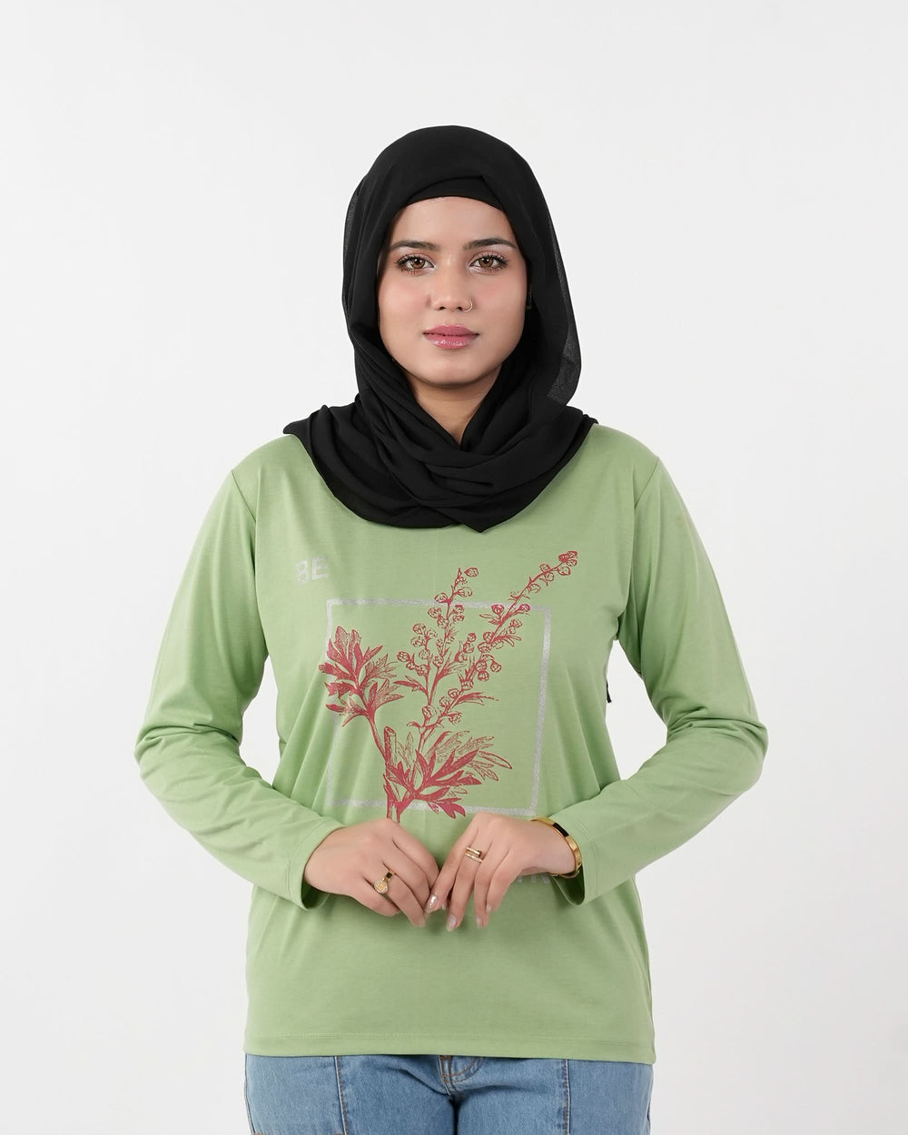 Women's Full Sleeves Printed T-Shirt - Light Green, Women T-Shirts & Tops, Chase Value, Chase Value