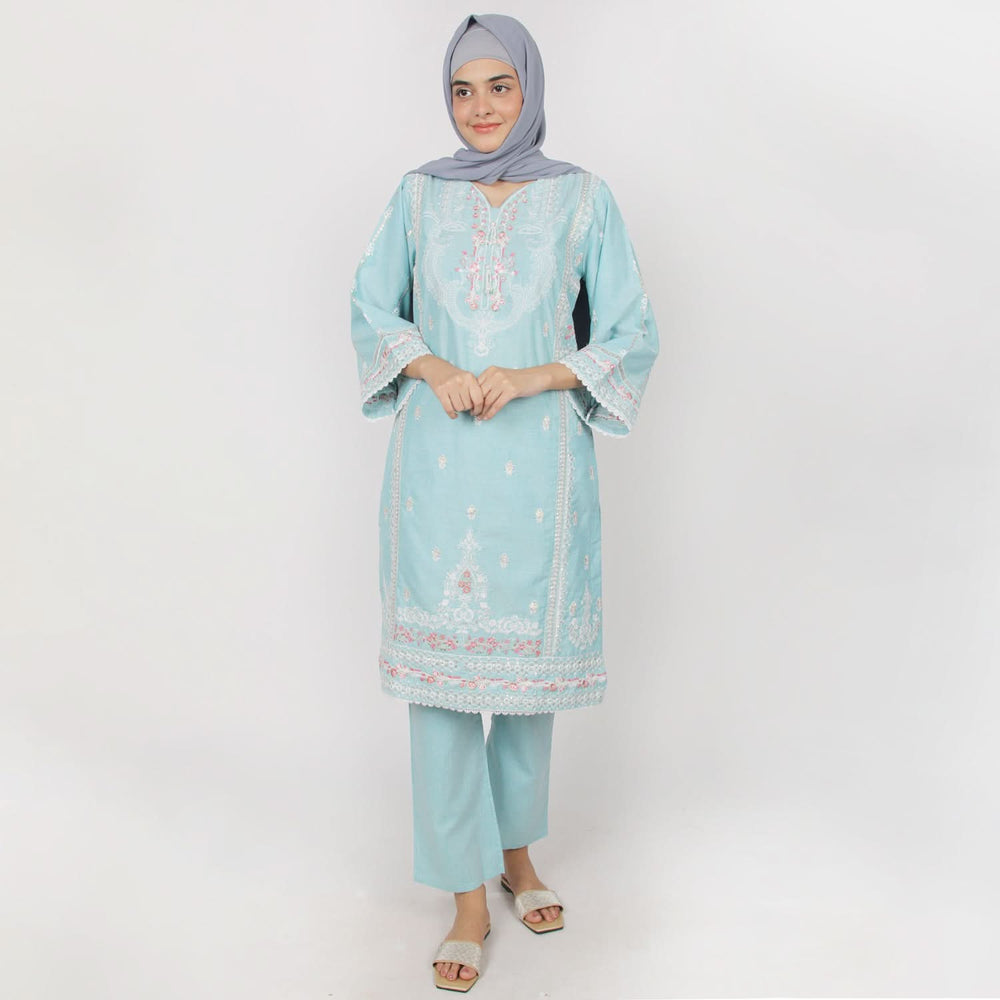 Women's Chambray Emboridered 2pcs Suit - Turquoise, Women Shalwar Suits, Chase Value, Chase Value