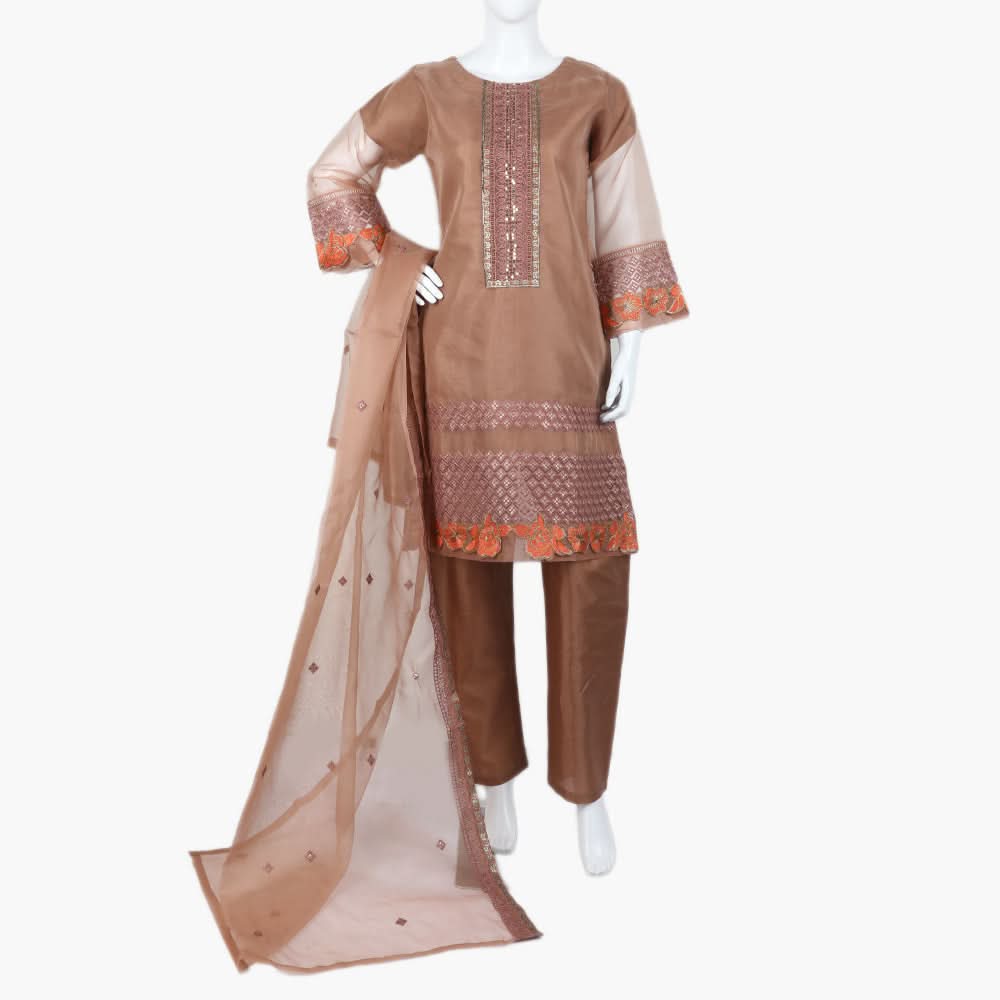 Women's Organza Fancy 03Pcs Suit - Peach, Women Shalwar Suits, Chase Value, Chase Value