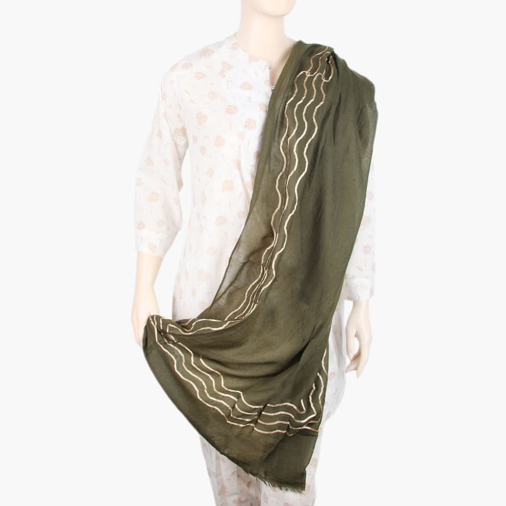 Women's Embroidered Lawn Dupatta- Olive Green, Women Shawls & Scarves, Chase Value, Chase Value