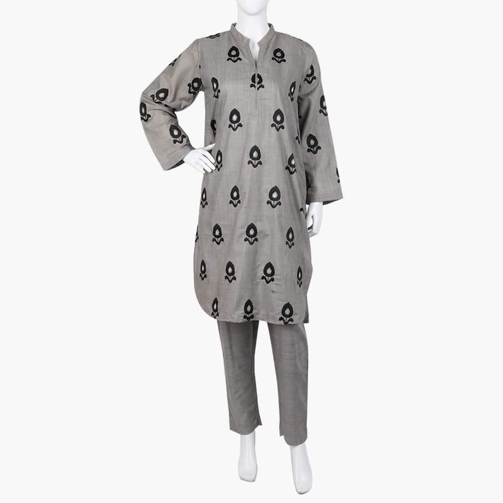 Women's Embroidered Slub 2Pcs Suit - Mid Grey, Women Shalwar Suits, Chase Value, Chase Value
