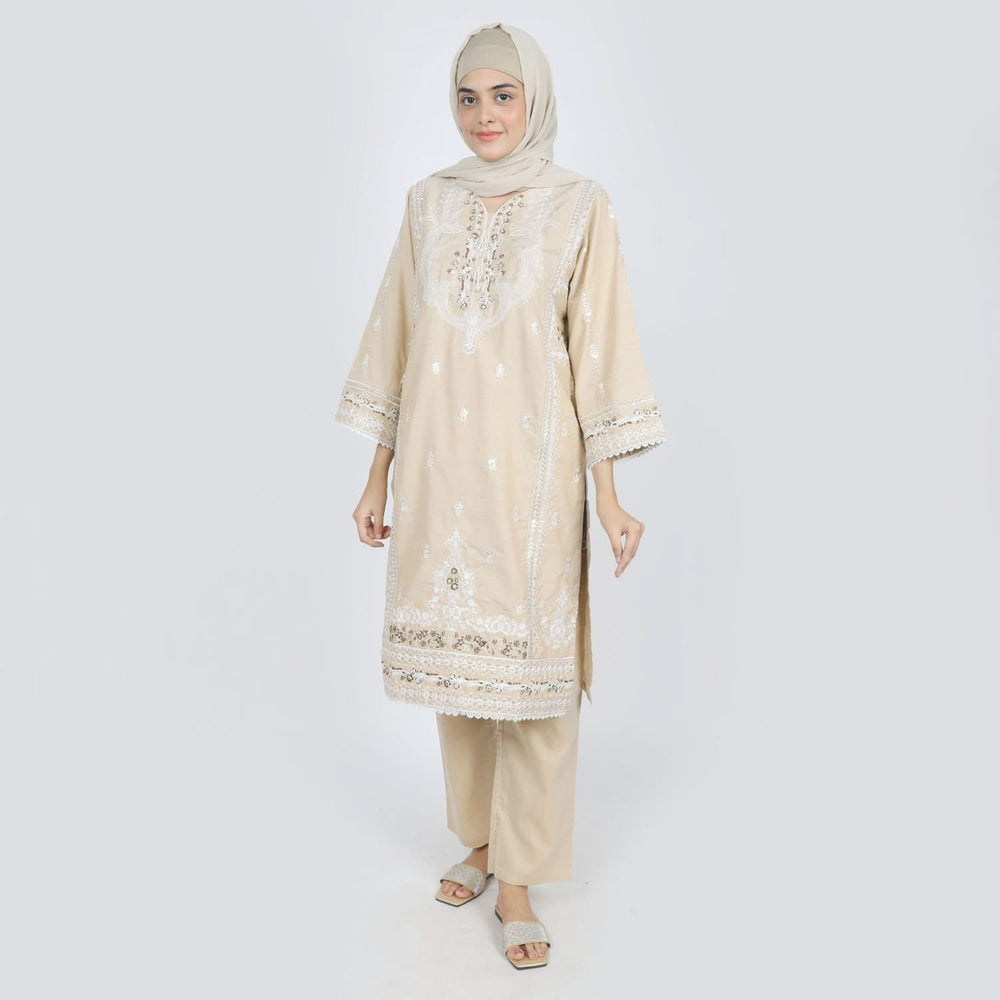 Women's Chambray Emboridered 2pcs Suit - Skin, Women Shalwar Suits, Chase Value, Chase Value