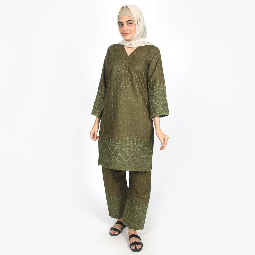 Women's Embroidered 2pcs Stitched Suit - Olive Green, Women Shalwar Suits, Chase Value, Chase Value