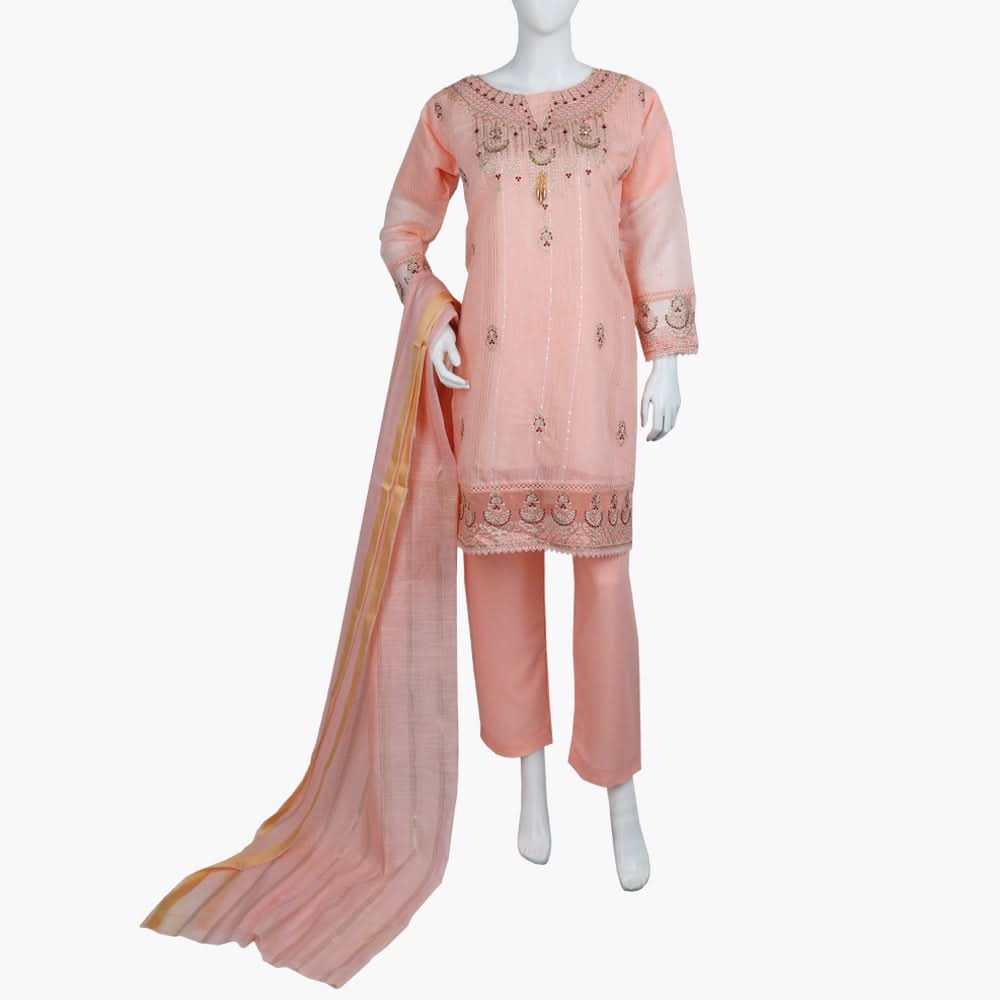 Women's Fancy 3Pcs Suit - Peach, Women Shalwar Suits, Chase Value, Chase Value