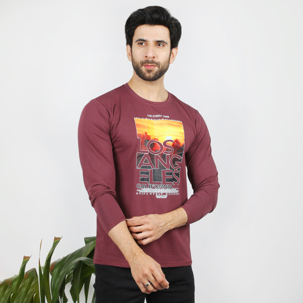 Men's Full Sleeves Printed T-Shirt - Maroon, Men's T-Shirts & Polos, Chase Value, Chase Value