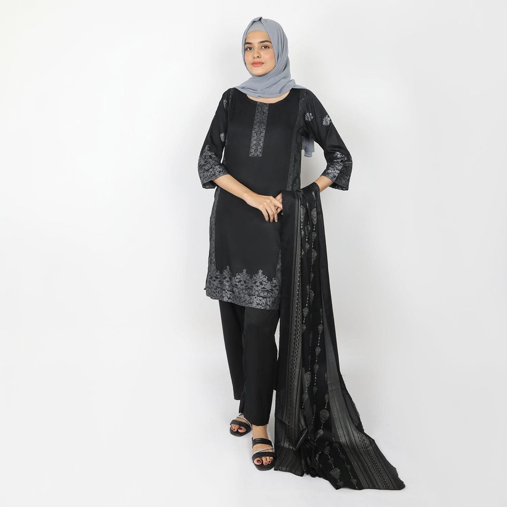 Women's Printed 3pcs Suit - Black, Women Shalwar Suits, Chase Value, Chase Value