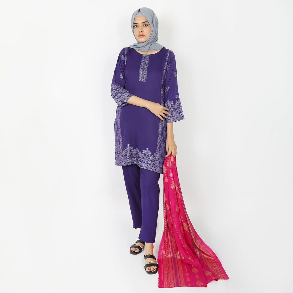 Women's Printed 3pcs Suit - Purple, Women Shalwar Suits, Chase Value, Chase Value