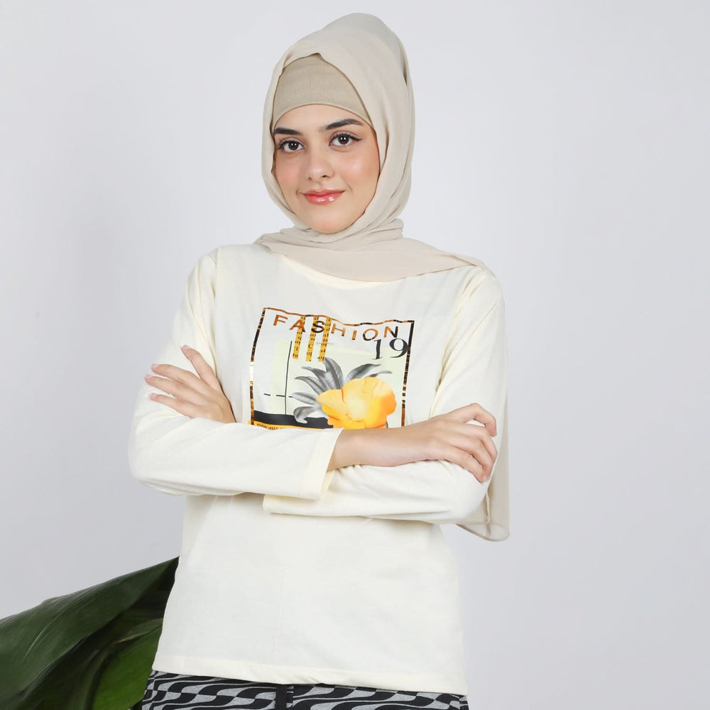 Women's Full Sleeves Printed T-Shirt - Cream, Women T-Shirts & Tops, Chase Value, Chase Value