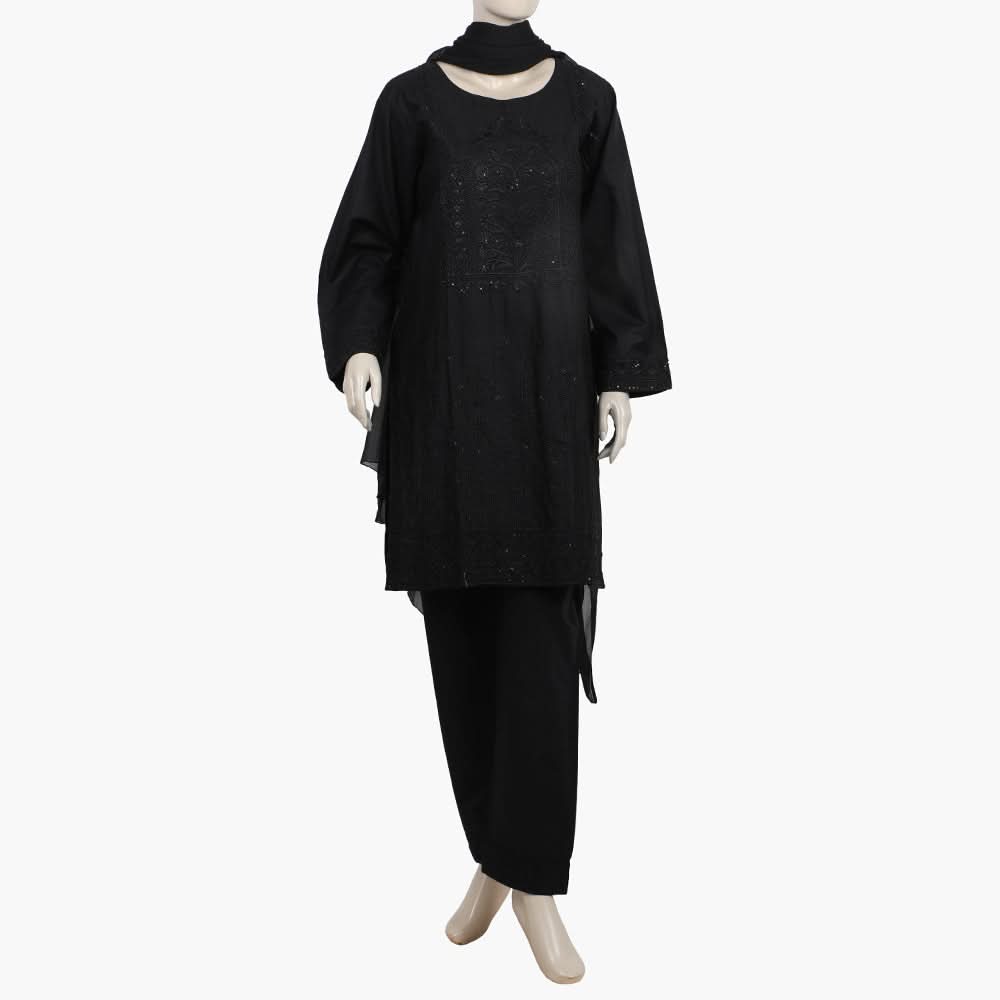 Women's Embroidered 3Pcs Stitched Shalwar Suit - Black, Women Shalwar Suits, Chase Value, Chase Value