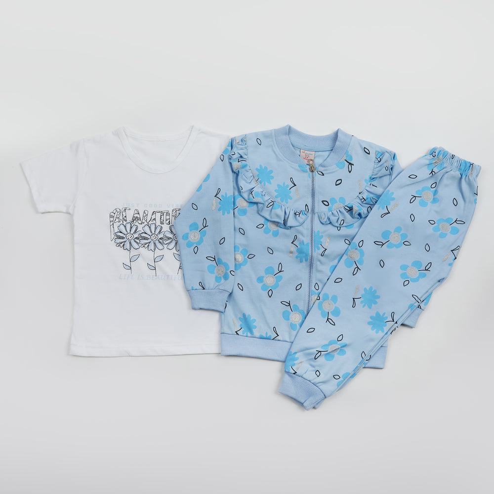 Girls Full Sleeves 3pcs Suit - Blue, Girls Suits, Chase Value, Chase Value