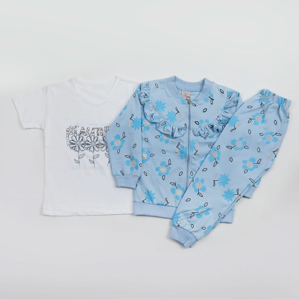 Girls Full Sleeves 3pcs Suit - Blue, Girls Suits, Chase Value, Chase Value