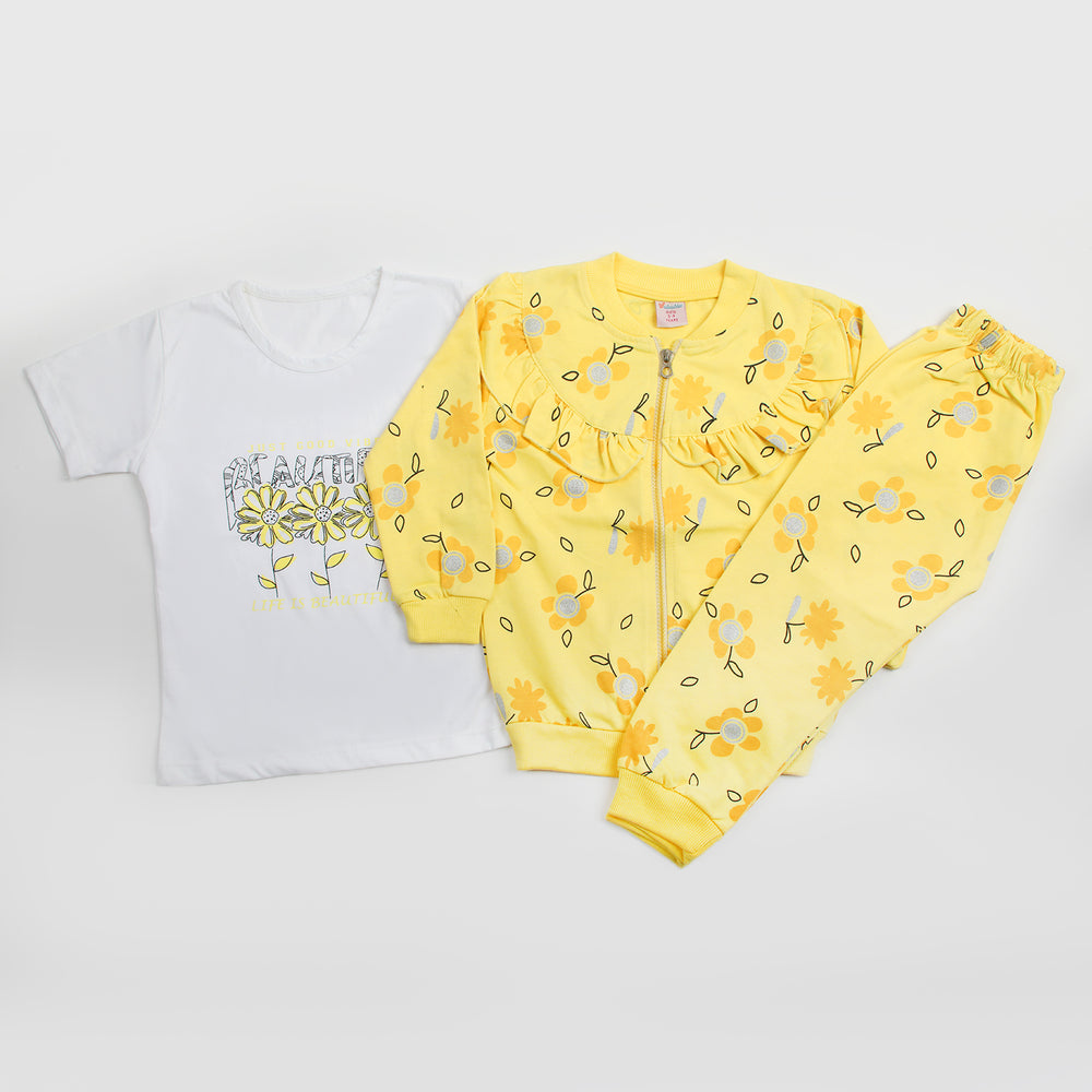 Girls Full Sleeves 3pcs Suit - Yellow, Girls Suits, Chase Value, Chase Value