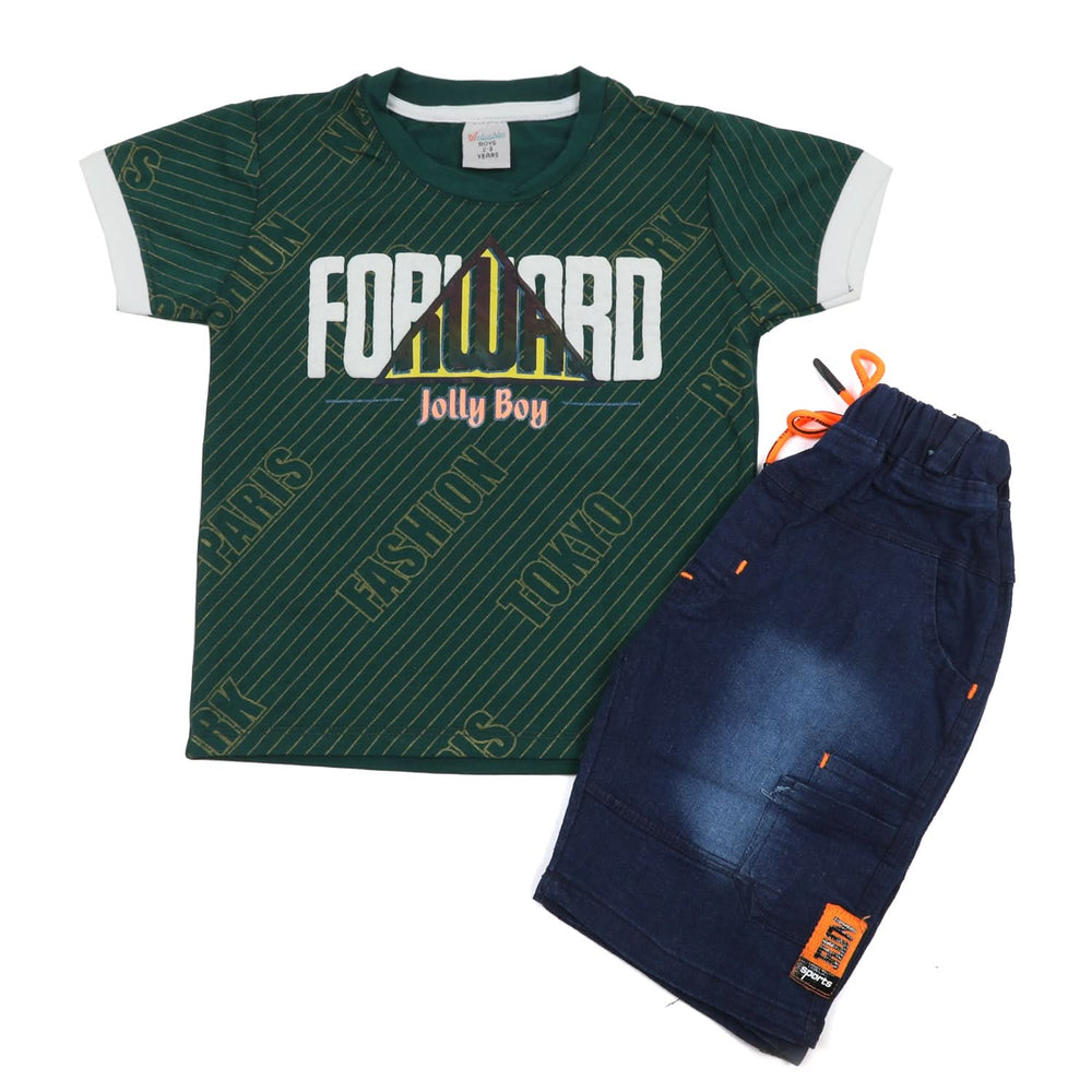 Boys Half Sleeves Denim Short Suit - Green, Boys Sets & Suits, Chase Value, Chase Value