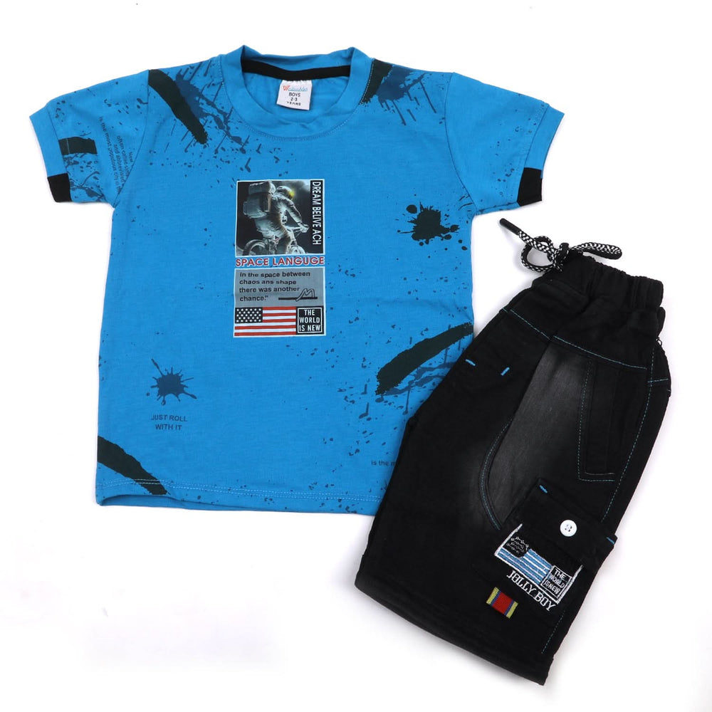 Boys Half Sleeves Denim Short Suit - Blue, Boys Sets & Suits, Chase Value, Chase Value