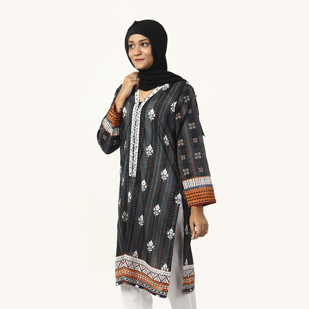 Women's Printed Lawn Kurti - Grey & Black, Women Ready Kurtis, Chase Value, Chase Value