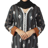 Women's Printed Lawn Kurti - Grey & Black, Women Ready Kurtis, Chase Value, Chase Value
