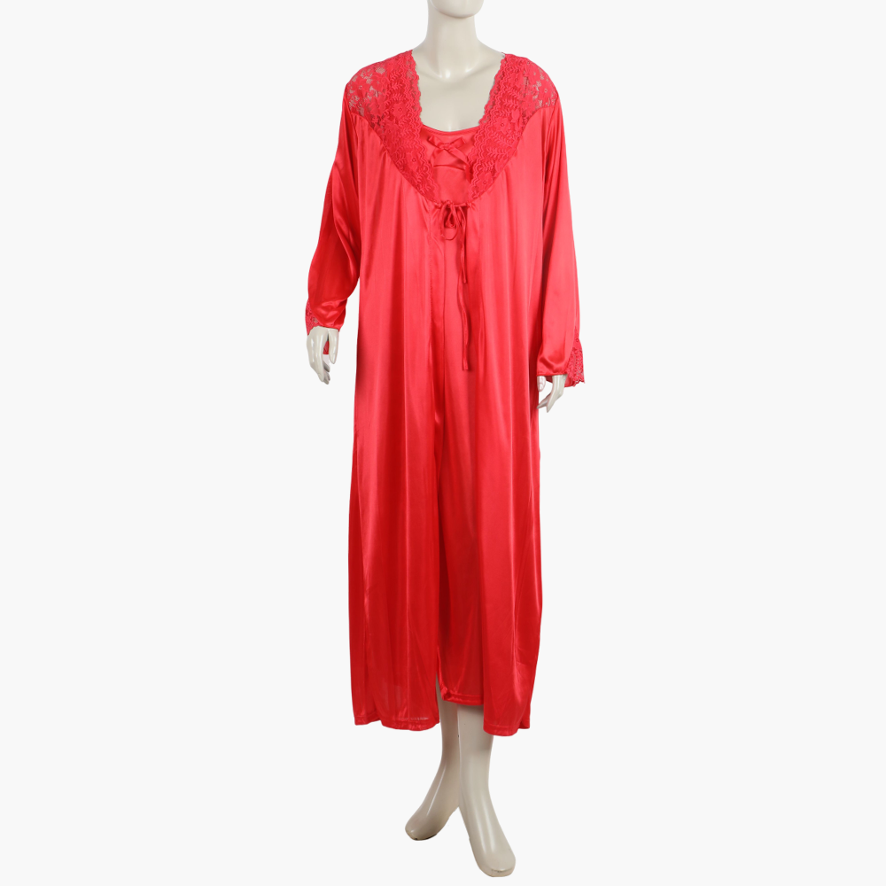 Women's 3Pcs Elegant Lace Sleepwear Set Long Nighty - Red, Women Night Suit, Chase Value, Chase Value