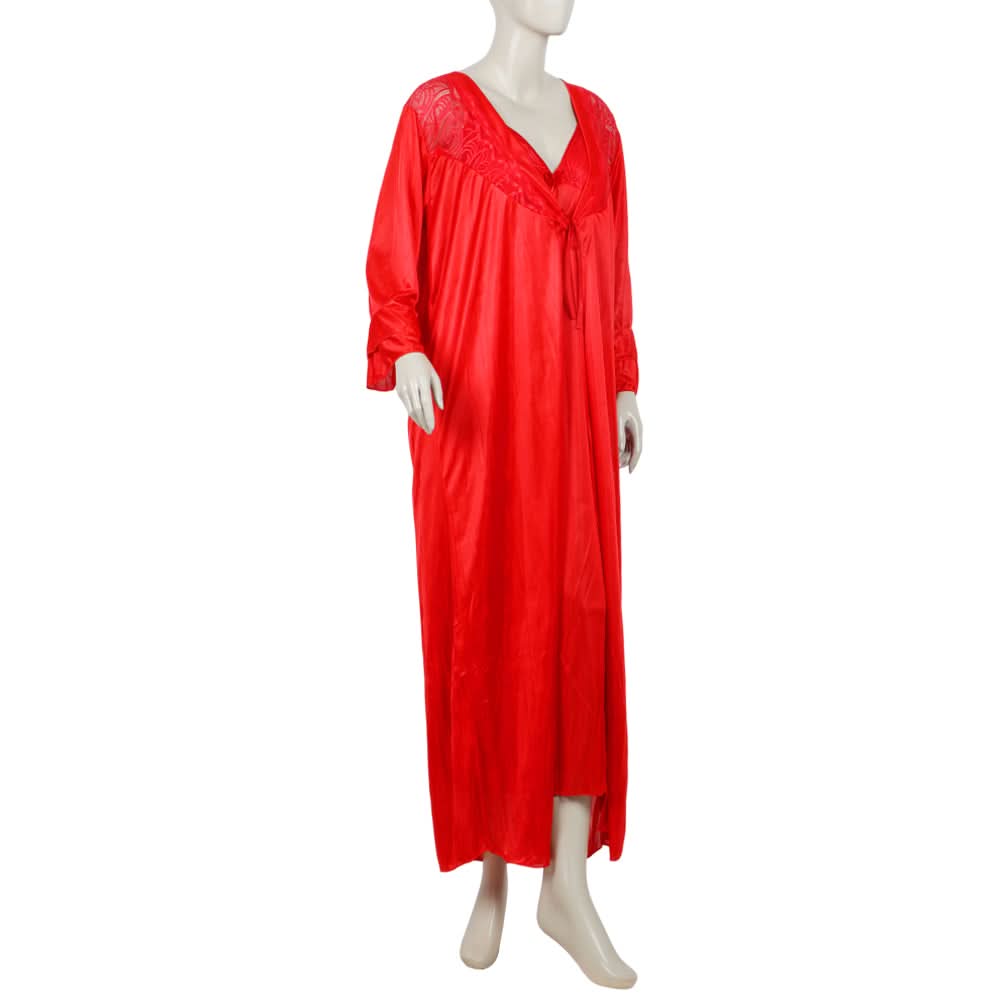 Women's 3Pcs Long Nighty - Red, Women Night Suit, Chase Value, Chase Value